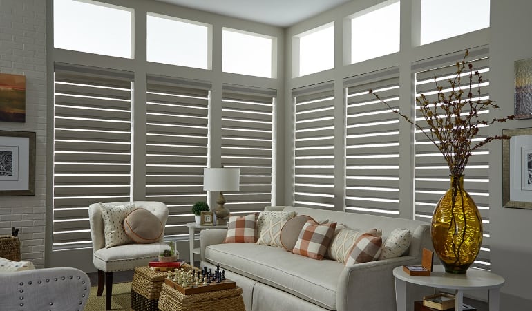 Motorized shades in a Phoenix living room.